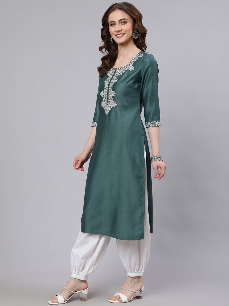 Blue Embroidered Straight Kurta