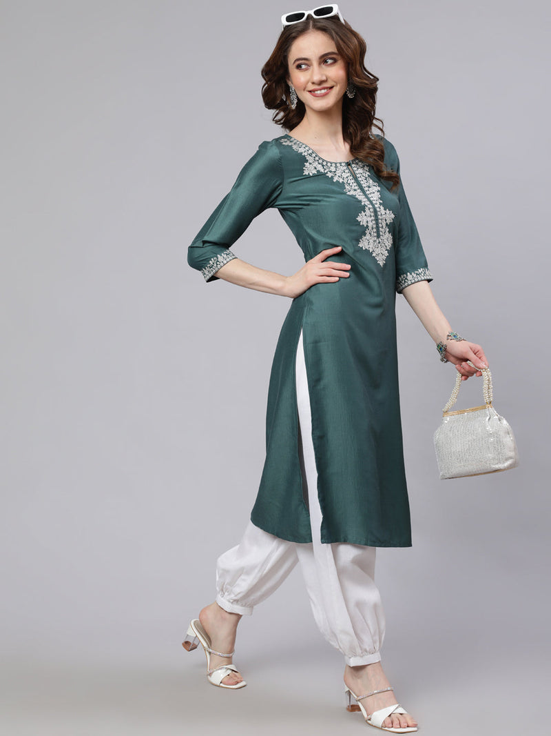 Blue Embroidered Straight Kurta