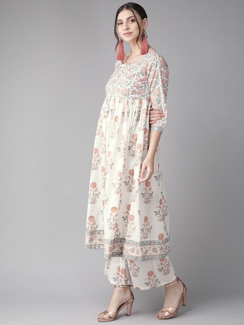 White Floral Print Kurta with Tie-Up
