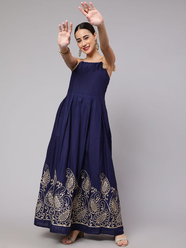 Navy Blue Embroidered Maxi Dress