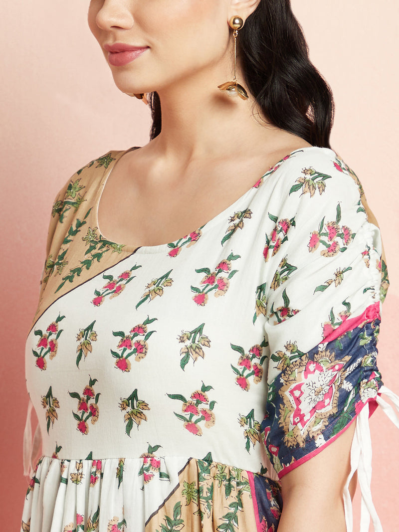 Multicolor Floral Print Gathered Dress
