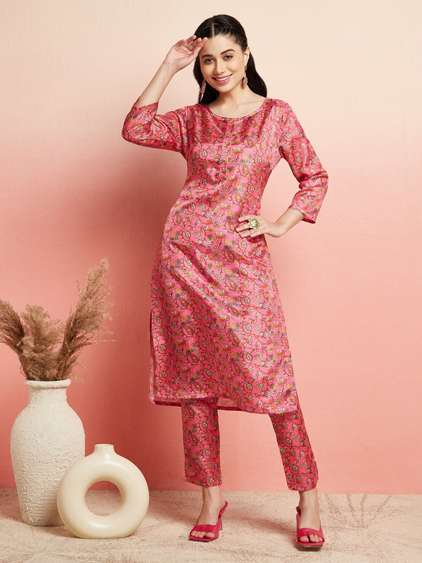 Pink Digital Floral Print Kurta With Pant