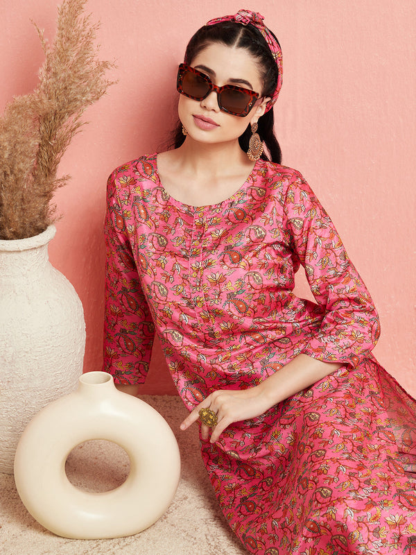 Pink Digital Floral Print Kurta With Pant
