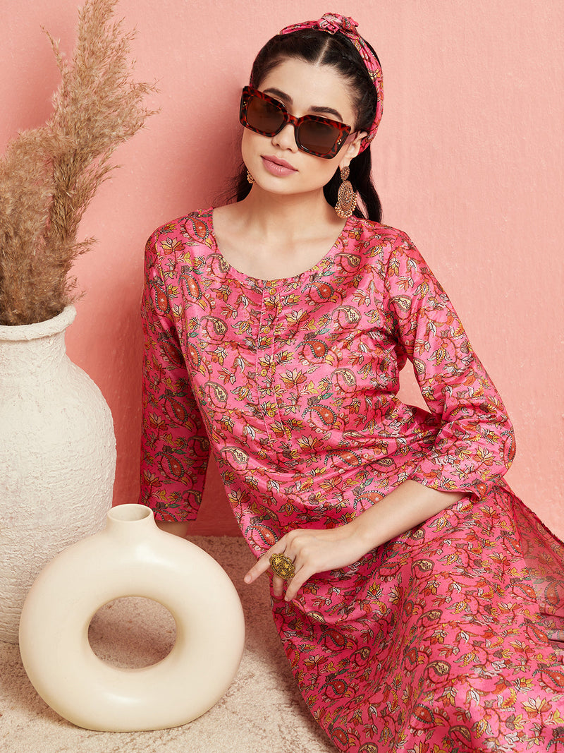 Pink Digital Floral Print Kurta With Pant